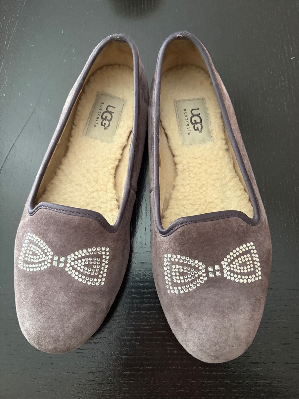 UGG Australia Gray Suede Crystal Bow Loafer Slippers - 6